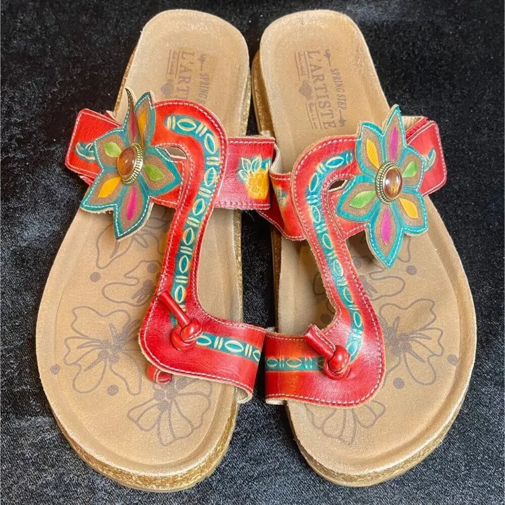 L’Artiste Spring Step Women’s 42 US 11 Red Green Leather Floral Thong Sandals - Picture 2 of 8